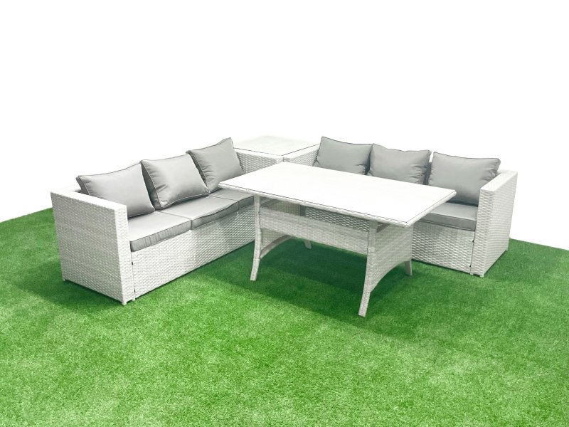 Fimous Rattan Garden Furniture Set 6 Seater Outdoor Sofa Set with Dining Table Side Table Light Grey Mixed