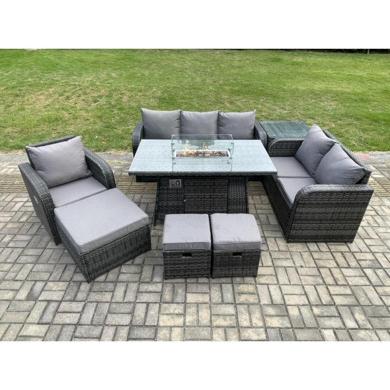 Fimous Garden Patio Furniture Wicker Rattan Gas Fire Pit Table and Sofa Chair set with Side Table 3 Footstool