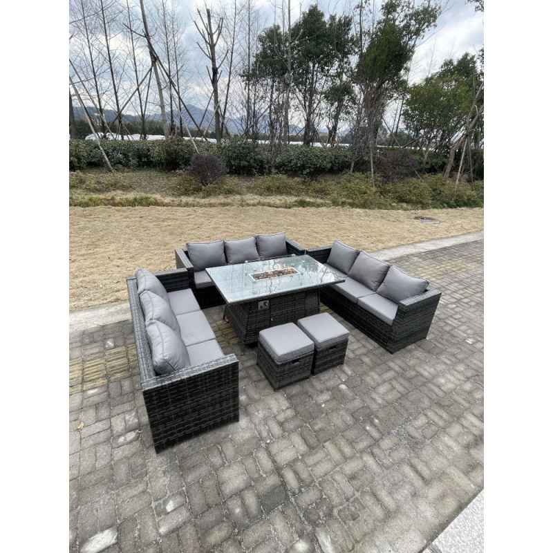 Fimous 11 Seater?Outdoor Lounge Rattan Sofa Set Garden Furniture Gas Firepit Set Dining Table With Stools Dark Grey Mixed