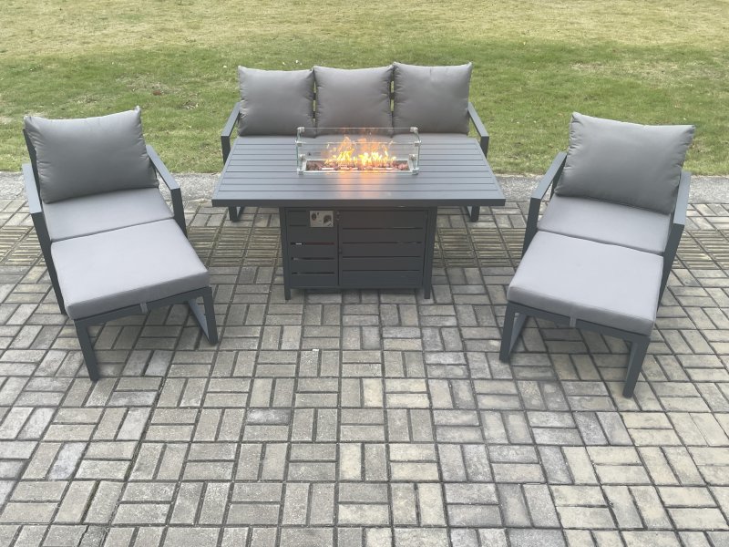 Fimous Aluminium Patio Outdoor Garden Furniture Lounge Sofa Set Gas Fire Pit Dining Table with 2 Big Footstools Dark Grey