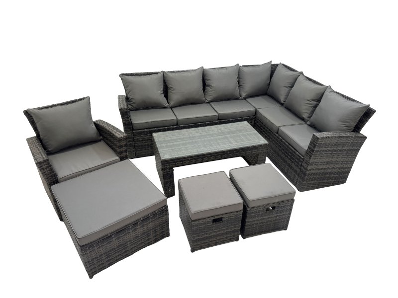 Fimous Rattan Garden Furniture Set 7 Pieces Outdoor Garden Sofa Oblong Coffee Table Set with Chair 3 Footstools Dark Grey Mixed