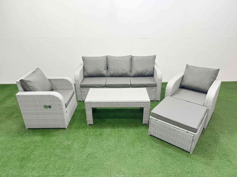 Fimous PE Rattan Garden Furniture Set Reclining Chair Sofa Lounge Sofa Set Rectangular Coffee Table Big Footstool Light Grey