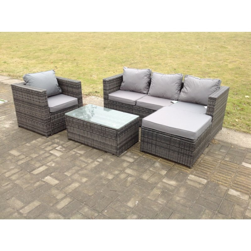 Fimous Lounge Rattan Sofa Set Outdoor Garden Furniture With Single Arm Chair And Rectangular Coffee Table With Big Footstool