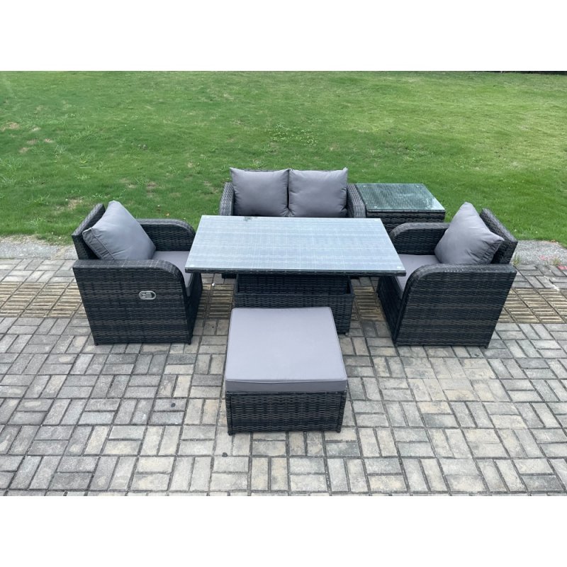 Fimous PE Rattan Outdoor Garden Furniture Set Height Adjustable Rising lifting Dining Table Love Sofa With Side Table Chair Big Footstool