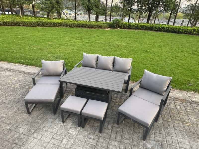 Fimous Aluminium Garden Furniture Sets 8 Seater Outdoor Sofa Set with Adjustable Rising Lifting Dining Table 2 Chairs 3 Footstools 2 Side Tables