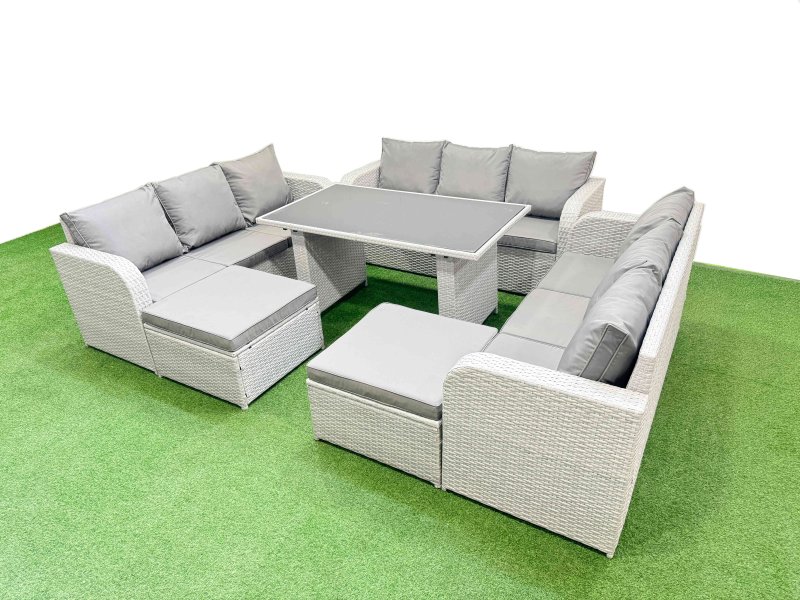 Fimous Patio Garden Furniture Sets with Black Glass Top Dining Table 3 Seater Sofa 2 Big Stool Light Grey