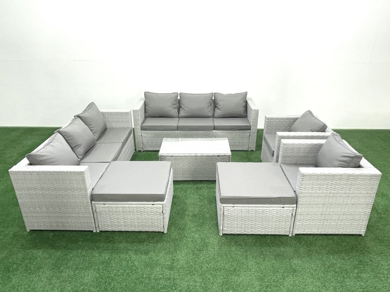 Fimous Outdoor Rattan Sofa Garden Furniture Set with 2 Armchairs Oblong Coffee Table 2 Big Footstools Light Grey Mixed