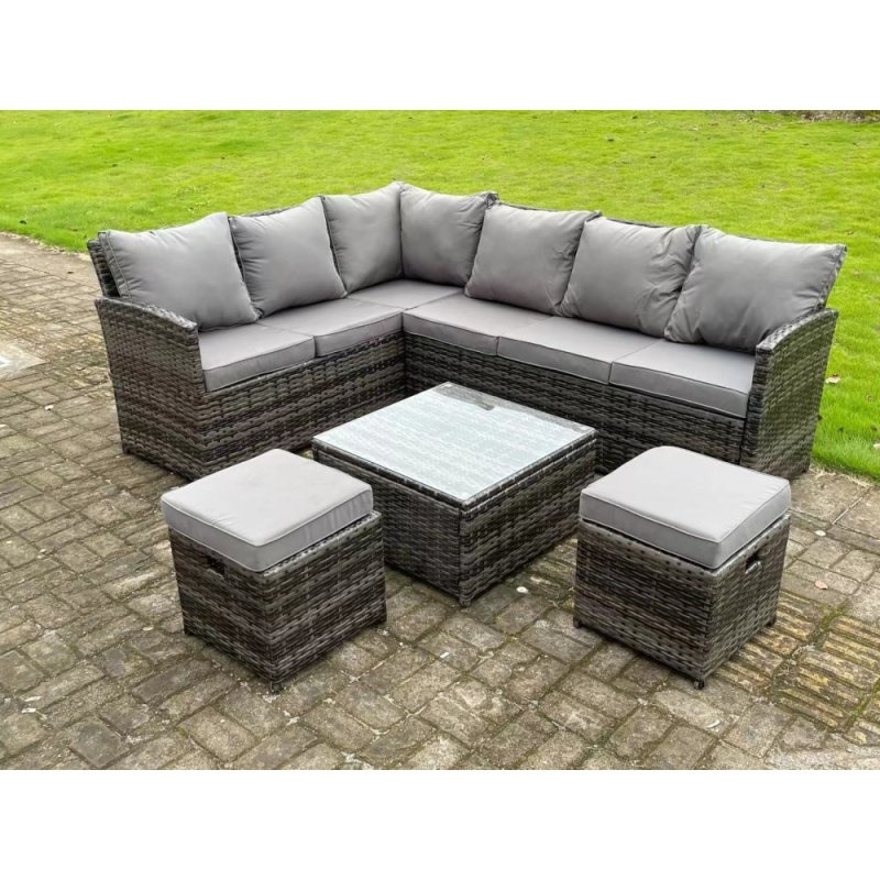 High Back Dark Mixed Grey Rattan Corner Sofa Set Outdoor Furniture Square Coffee Table 2 Small Footstools 8 Seater