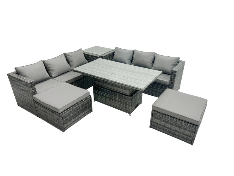 Fimous Rattan Dining Table Sofa Set with Side Table 2 Stools Outdoor 8 Seat Garden Furniture Set Dark Grey Mixed
