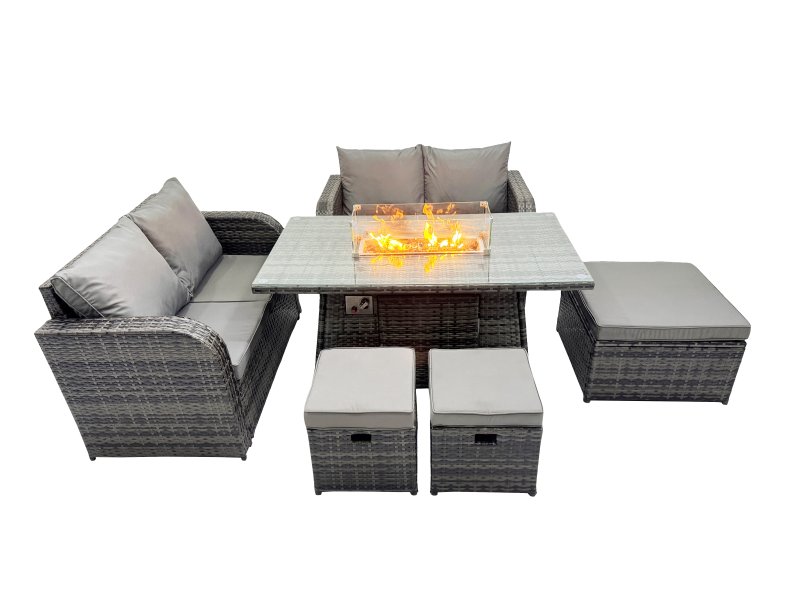 Fimous 7-seater Patio Gas Firpit Dining Table Sofa Sets Rattan Garden Furniture Dining Set with 3 Stools Dark Grey Mixed