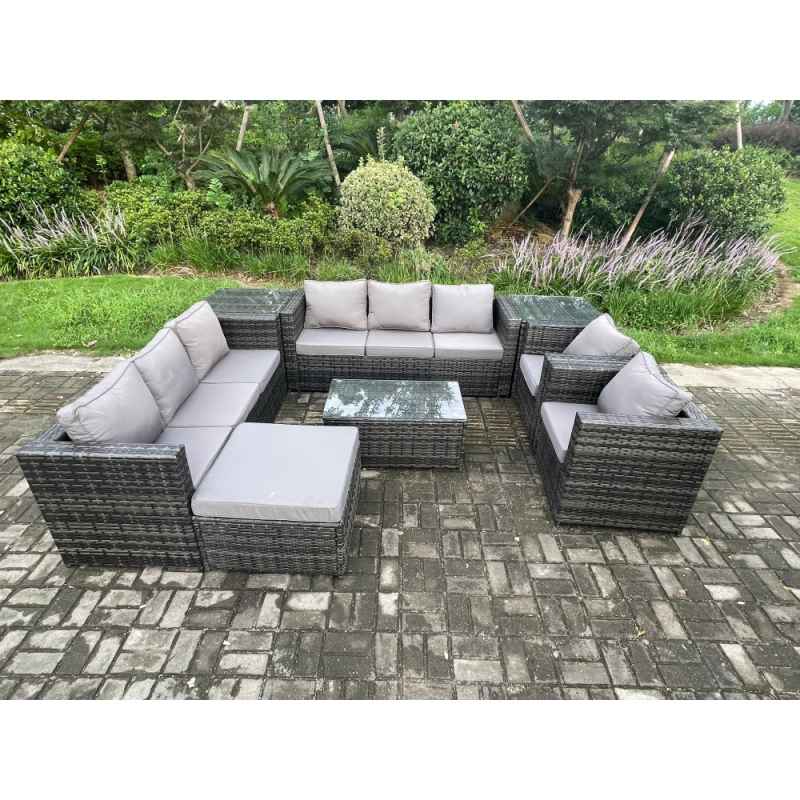 Fimous Outdoor Lounge Sofa Set Wicker PE Rattan Garden Furniture Set with 2 Armchairs Oblong Coffee Table 2 Side Tables Big Footstool Dark Grey Mixed
