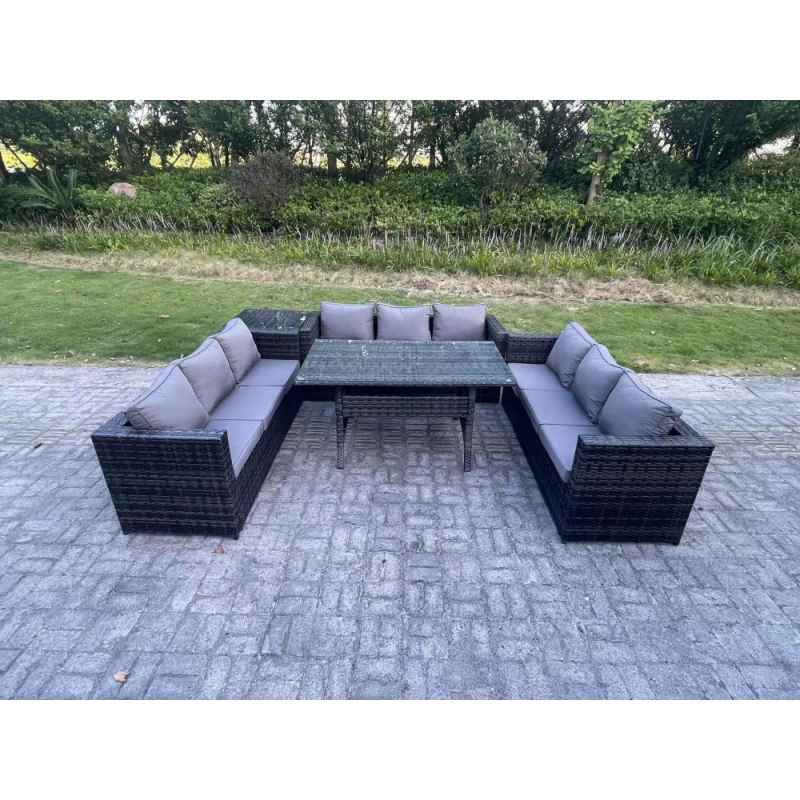 Fimous Outdoor Wicker Garden Furniture Rattan Lounge Sofa Set Patio Rectangular Dining Table with Side Table 9 Seater Dark Grey Mixed
