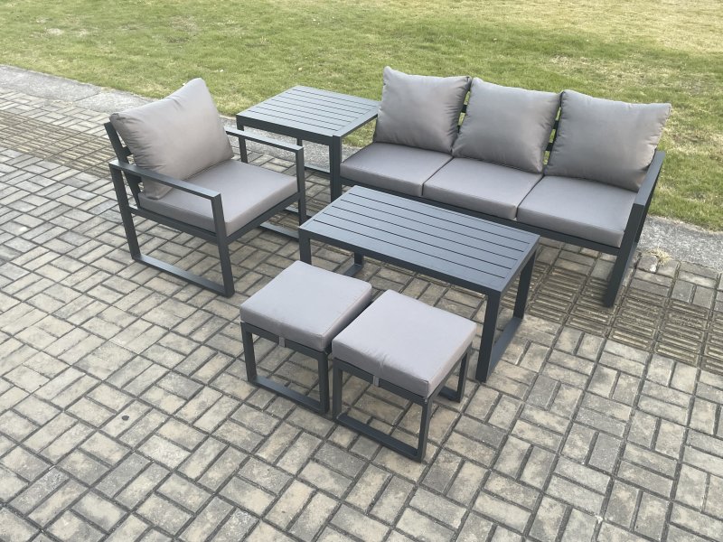 Fimous Aluminium 6 Pieces Garden Furniture Sofa Set with Cushions 6 Seater Outdoor Patio Set with Armchair 2 Small Footstools Side Table Dark Grey