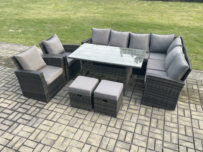 Fimous 10 Seater Garden Rattan Furniture Corner Sofa Dining Table Chairs with 2 Small Footstools Indoor Outdoor Lounge Sofa Set