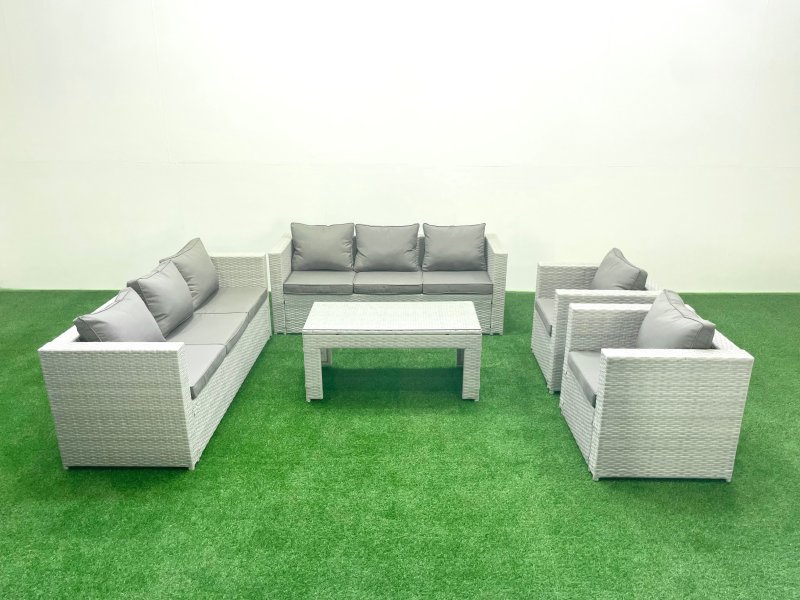 Fimous Outdoor Garden Furniture Rattan Sofa Set with 2 Armchairs Oblong Coffee Table Light Grey Mixed