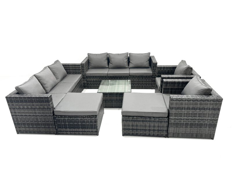 Fimous Outdoor Rattan Garden Furniture Set 10 Seater Patio Lounge Sofa Set with Armchair Square Coffee Table 2 Big Footstool Dark Grey Mixed