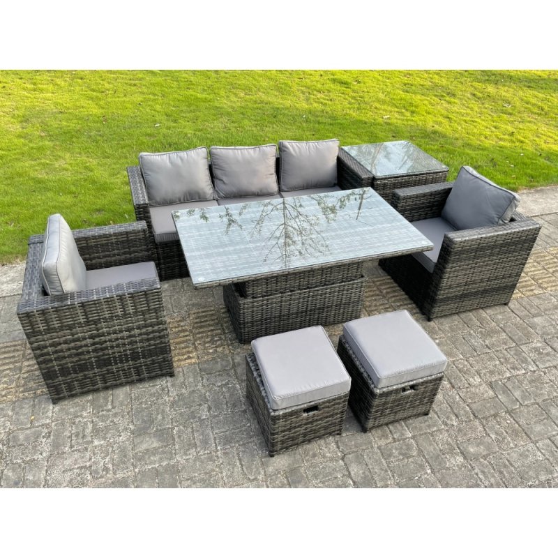 Fimous Rattan Garden Furniture Set Rising Adjustable Dining Table Lounge Sofa Set With Foostools Dark Grey Mixed Extra Side High Tall Coffee Tea Table