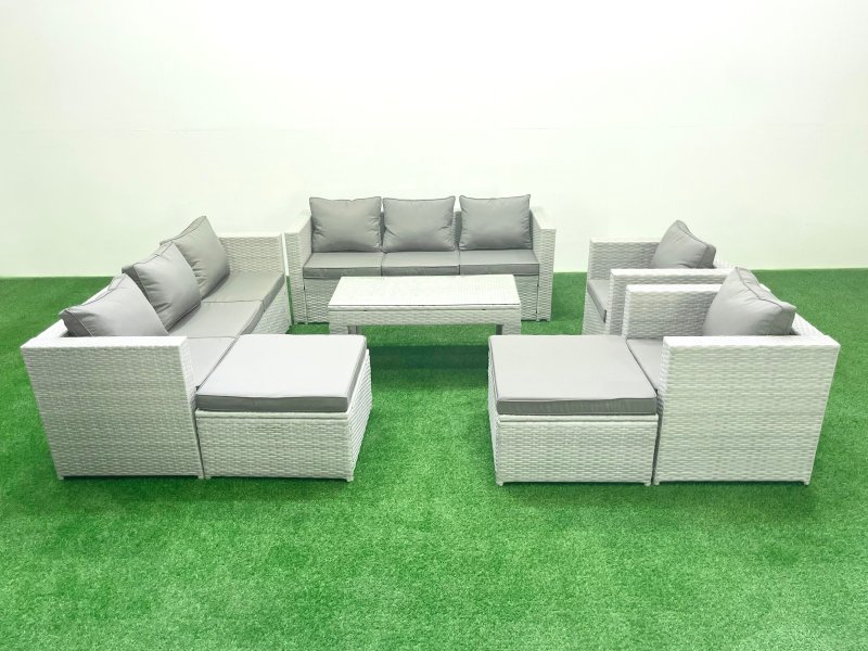 Fimous Outdoor Garden Furniture Rattan Sofa Set with 2 Armchairs Oblong Coffee Table 2 Big Footstools Light Grey Mixed