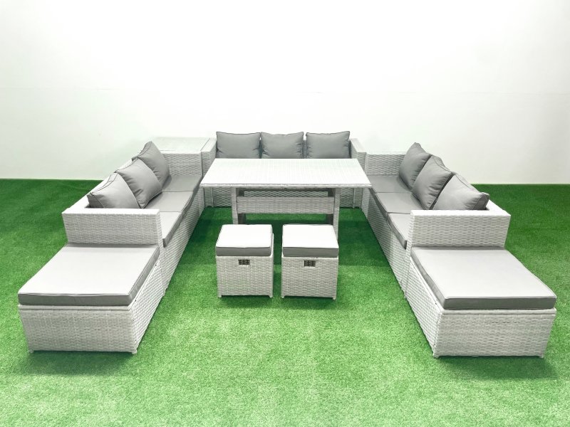 Fimous Rattan Garden Furniture Dining Set 13 Seater Lounge Sofa Dining Table Set with 4 Footstools Side Table Light Grey Mixed