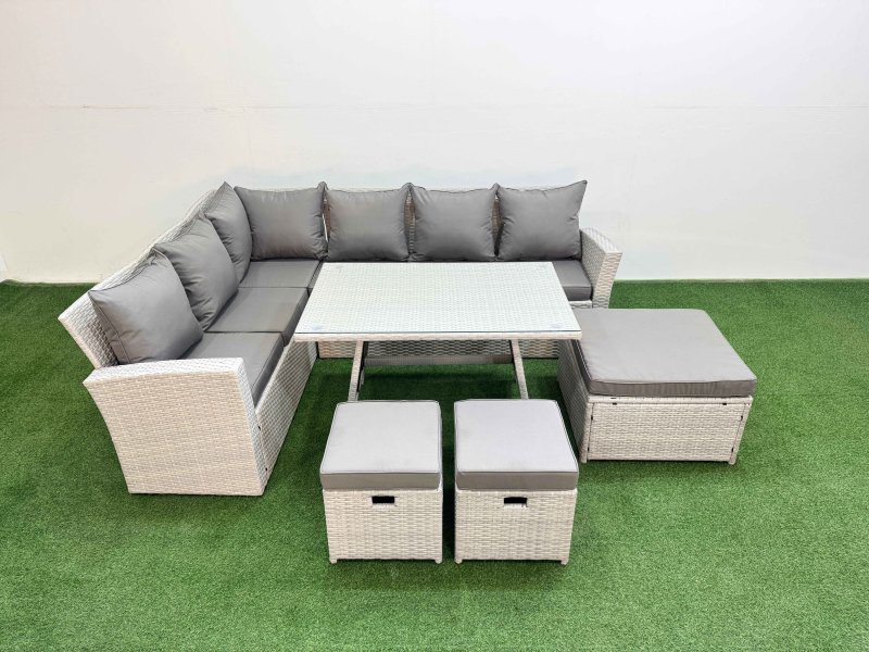 Fimous Garden Outdoor Rattan Furniture Set Rattan Corner Sofa Oblong Dining Table Set with 3 Footstools Light Grey Mixed 9 Seater