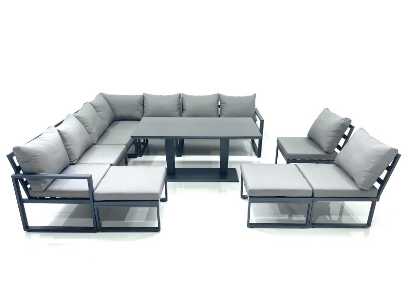 Fimous 11 Seater Outdoor Aluminum Garden Furniture Set Corner Sofa 2 Big Footstools Rising Lifting Dining Table Sets Dark Grey