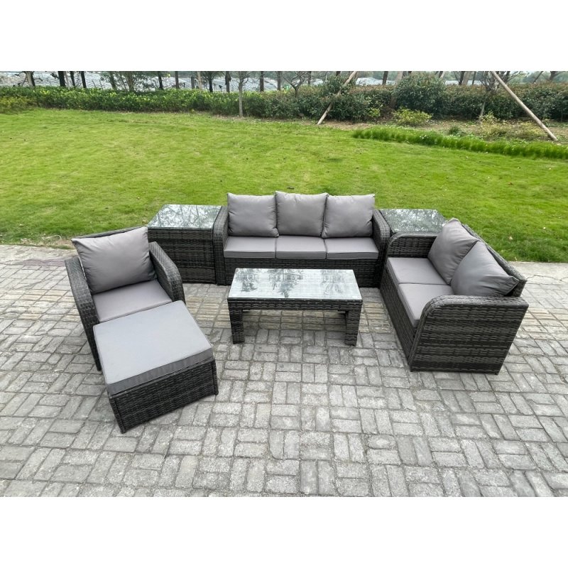 Fimous 7 Seater High Back Rattan Garden Furniture Set with Loveseat Sofa Rectangular Coffee Table 2 Side Tables Indoor Outdoor Patio Lounge Sofa Set Dark Grey Mixed