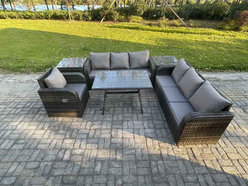 Fimous Outdoor Lounge Sofa Set Wicker PE Rattan Garden Furniture Set with Rectangular Dining Table Reclining Chair 2 Side Tables Dark Grey Mixed