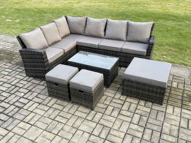 Fimous 9 Seater High Back Outdoor Garden Furniture Set Rattan Corner Sofa Set With Rectangular Coffee Table 3 Footstools Dark Grey Mixed