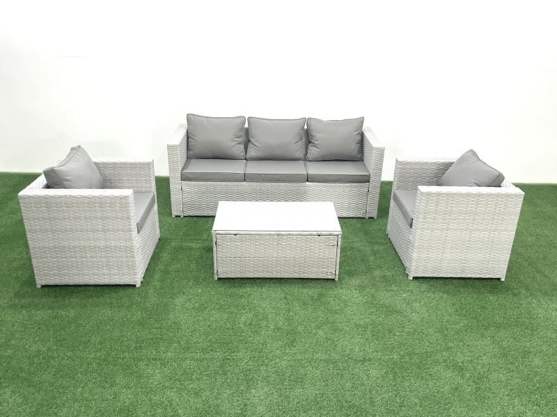 Fimous Rattan Garden Furniture Set with 3 Seater Sofa 2 Chair Rectangular Coffee Table Light Grey Mixed 5 Seater