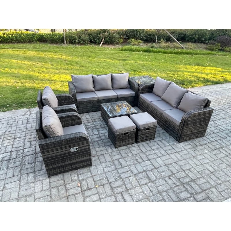 Fimous High Back Rattan Garden Furniture Set with Square Coffee Table Side Table 2 Small Footstools Indoor Outdoor Patio Lounge Sofa Set Dark Grey Mixed