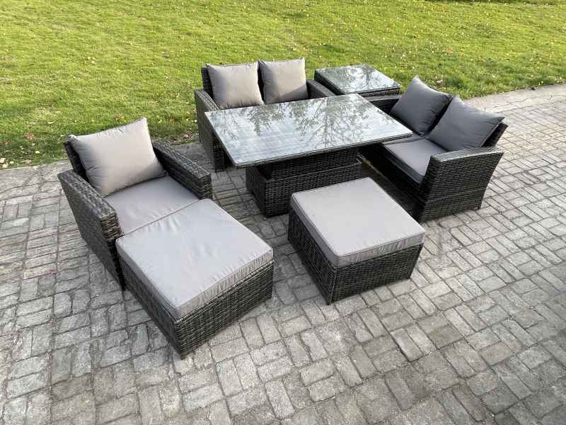 Fimous 7 Seater Outdoor Rattan Patio Furniture Set Garden Height Adjustable Rising Lifting Table Sofa Dining Sofa Set with Side Table 2 Big Footstool Dark Grey Mixed