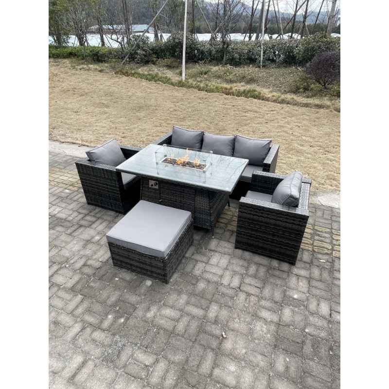 Fimous Outdoor PE Rattan Garden Furniture Gas Fire Pit Dining Table Armchairs With Big Footstool Dark Grey Mixed
