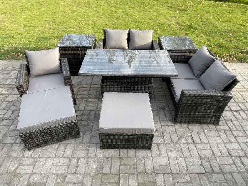 Fimous 7 Seater Outdoor Rattan Patio Furniture Set Garden Height Adjustable Rising Lifting Table Sofa Dining Set with 2 Side Tables 2 Big Footstool Dark Grey Mixed