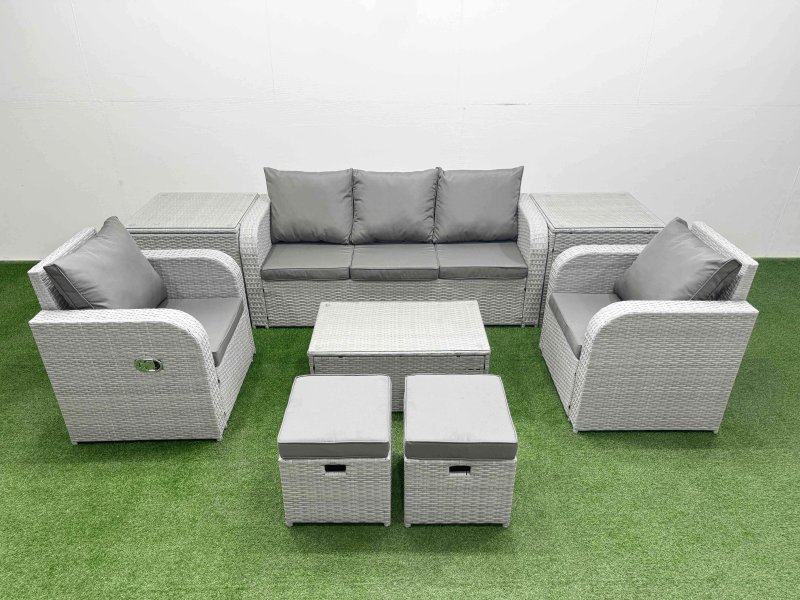 Fimous PE Rattan Garden Furniture Set Reclining Chair Sofa Lounge Sofa Set Oblong Coffee Table 2 Side Table 2 Small Stools Light Grey