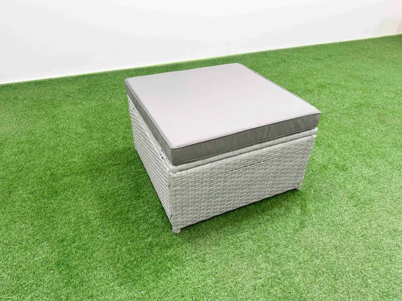 Fimous Light Grey PE Wicker Rattan Garden Furniture Set Sofa Set Reclining Chair Firepit Dining Table 6 Seater 2 Big Stools Side Table