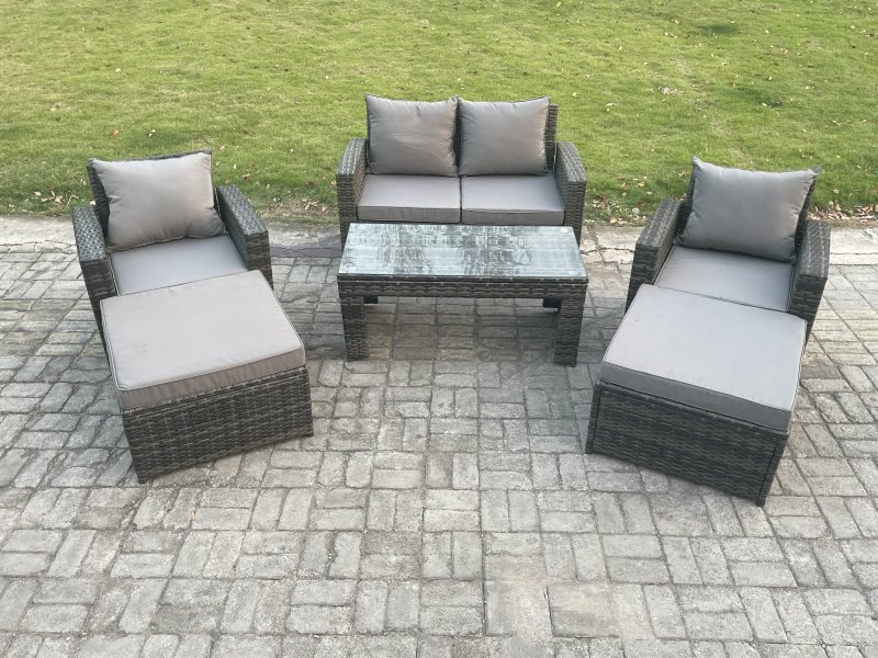 Fimous 6 Seater High Back Rattan Garden Furniture Sofa Sets with Rectangular Coffee Table Armchair 2 Big Footstool Dark Grey Mixed