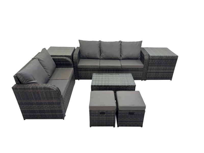 Fimous Outdoor Love Sofa 3 Seater Sofa Coffee Table Set Garden Rattan Furniture Set 7 Seater with 2 Small Stools 2 Side Tables Dark Grey