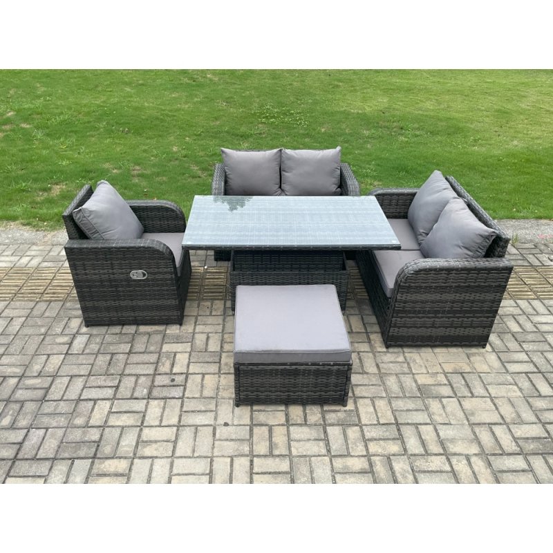 Fimous Wicker PE Rattan Furniture Garden Dining Set Outdoor Height Adjustable Rising lifting Table Love Sofa With Reclining Chair Big Footstool