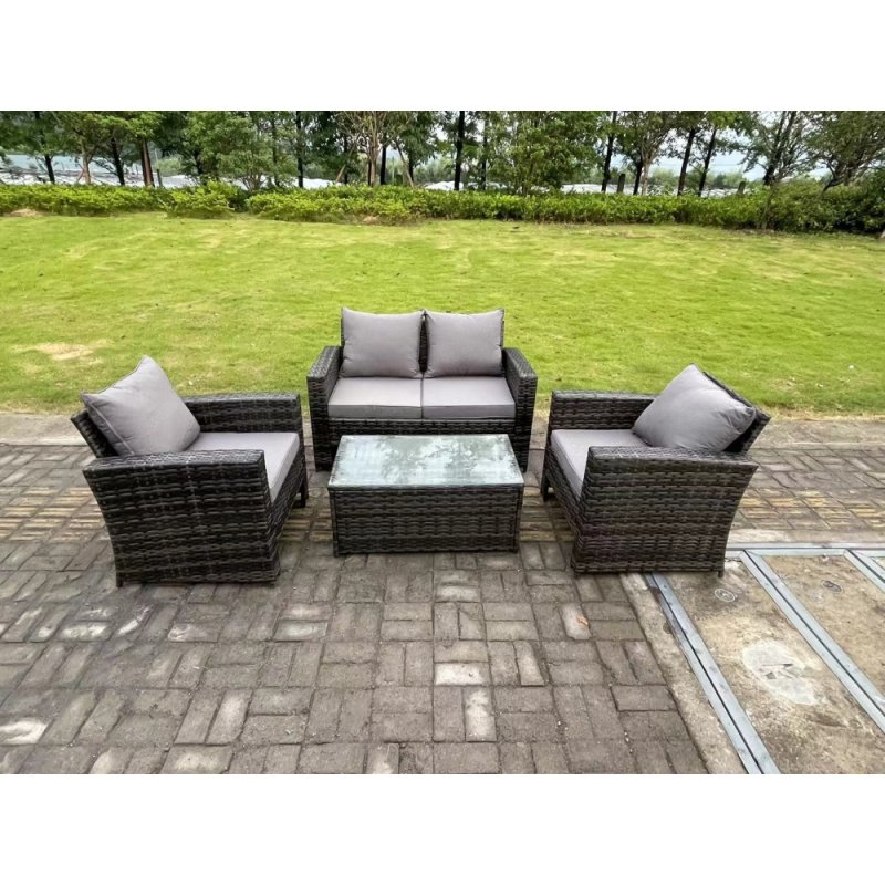 Fimous 4 Seater Grey Mixed High Back Rattan Sofa Set Rectangular Coffee Table Garden Furniture Outdoor Patio