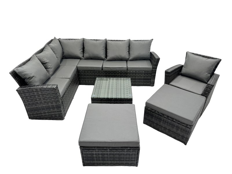 Fimous 9 Seat Poly Rattan Outdoor Patio Coffee Table Corner Sofa Set with 2 Big Stool Chair for Garden Backyard Dark Grey Mixed