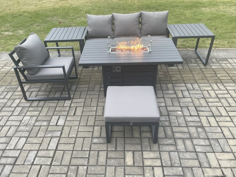 Fimous Aluminium 6 Pieces Garden Furniture Sofa Set with Cushions Gas Fire Pit Dining Table Set with 2 Side Tables Big Footstool Dark Grey
