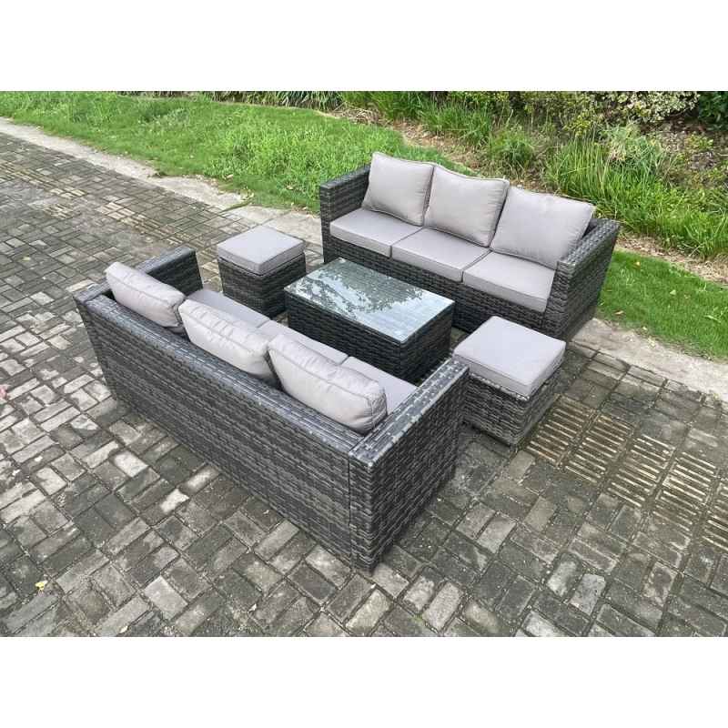Fimous 8 Seater Rattan Garden Furniture Set Outdoor Patio Sofa Set with Oblong Coffee Table 2 Small Footstools Dark Grey Mixed