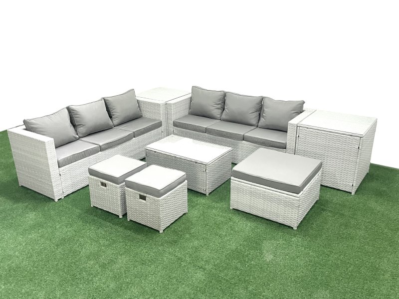 Fimous Garden Outdoor PE Rattan Furniture Set 9 Seater Rattan Garden Sofa Set with 3 Footstools 2 Side Tables Light Grey Mixed