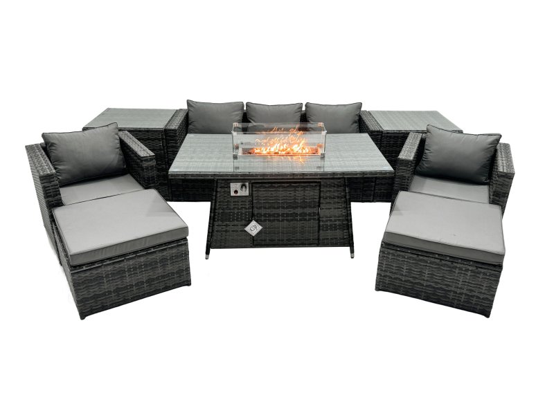 Fimous Rattan Garden Furniture Firepit Dining Set 7 Seater Lounge Sofa Table Set with 2 Side table 2 big Footstool