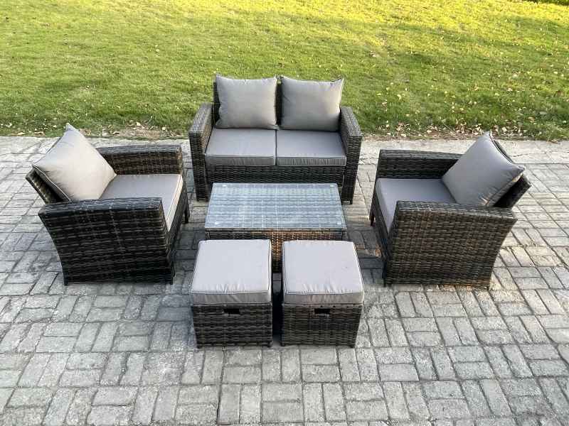 Fimous 6 Seater Outdoor Lounge Sofa Set Wicker PE Rattan Garden Furniture Set with Rectangular Coffee Table Double Seat Sofa 2 Small Footstools Dark Grey Mixed