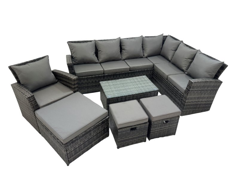 Fimous Rattan Garden Outdoor Furniture Set 10 Seater Garden Sofa Coffee Table Sets with Chair 3 Footstools Dark Grey Mixed