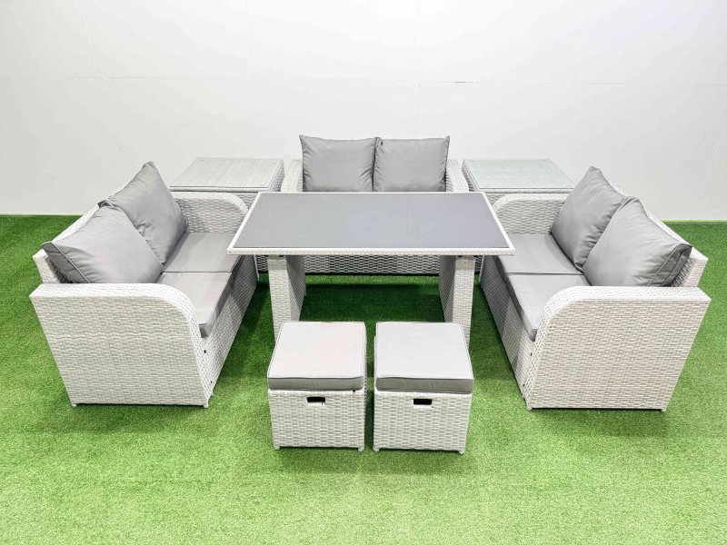 Fimous 8 Seater Patio Garden Furniture Sets with Black Glass Top Dining Table Love Sofa 2 Side Tables 2 Small Stool Light Grey