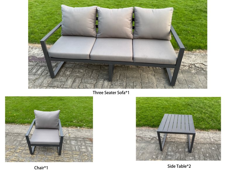 Fimous Aluminium Garden Furniture Set 4 Piece Aluminium Lounge Seating Adjustable Rising Lifting Dining Table Set with Cushions Side Table Dark Grey