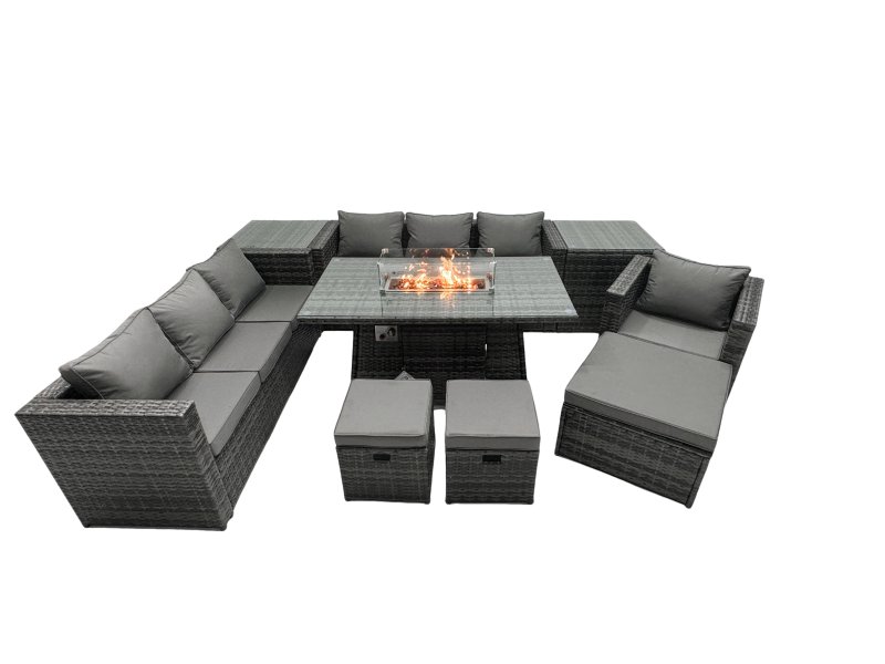 Fimous Rattan Garden Furniture Firepit Dining Set 10 Seater Lounge Sofa Table Set with 2 side table 3 Footstool