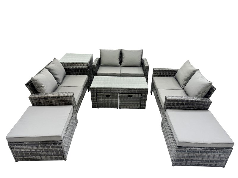 Fimous Outdoor Love Sofa Set 10 Seat Rattan Garden Furniture Set with Oblong Coffee Table 4 Stools Side Table Dark Grey Mixed